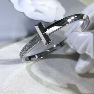 Tiffany & Co. Silver T-Detail Pavé Crystal Bangle